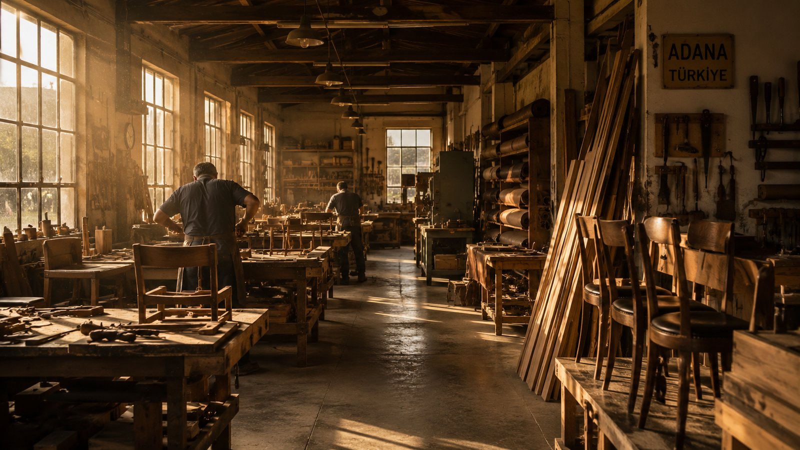 Wide-Shot der Wirt & Werk Manufaktur in Adana — Werkstatt-Innenraum mit Werkbänken und Holz
